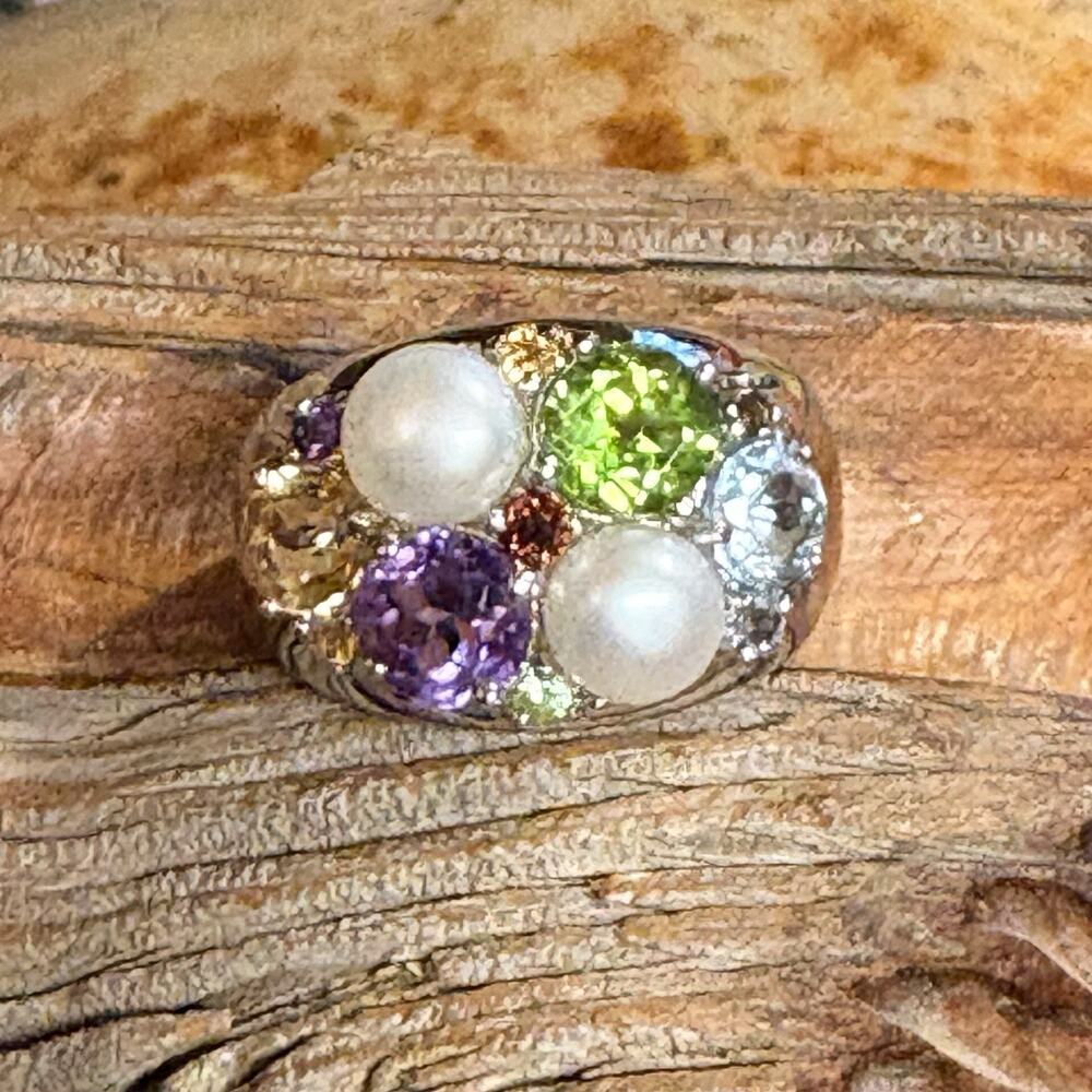 Sterling Silver and Multi Gemstone & Pearl Ring Size 9 Gorgeous Colors by RS